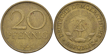 ГДР 20 пфеннигов 1969 A, первый год KM 11 латунь 4143-743