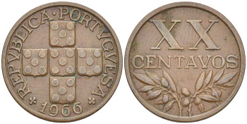 ПОРТУГАЛИЯ 20 СЕНТАВО 1966 KM 584 бронза 213-231