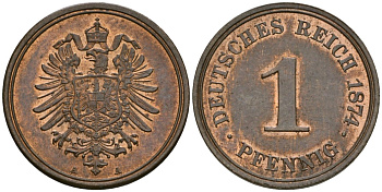 Германия 1 пфенниг 1874 A, Вильгельм I (1871-1888) KM 1, J. 1 медь aUNC 1525-242