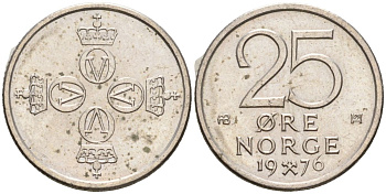 Норвегия 25 эре 1976 Улаф V (1958-1991) KM 417 медно-никель 4608-335