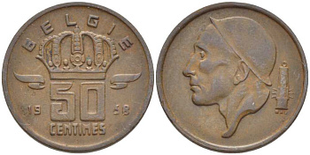 Бельгия 50 сантимов 1958 Belgie, Бодуэн I (1951-1993) KM 149.1 бронза 116-1025