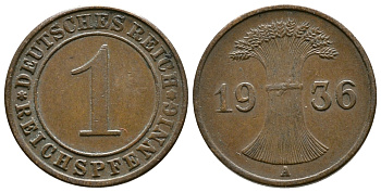 Германия 1 рейхспфенниг 1936 A KM 37, J. 313 бронза 220-129