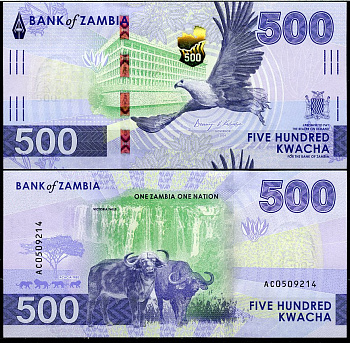 Замбия 500 квача 2024 орел, здание Центрального банка, водопад Виктория, буйволы Pick 67  бумага  UNC (пресс) 451-1037-1
