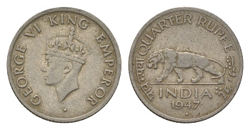 Индия 1/4 рупии 1947 Отметка монетного двора - ромб - Бомбей KM 548 никель 4625-852