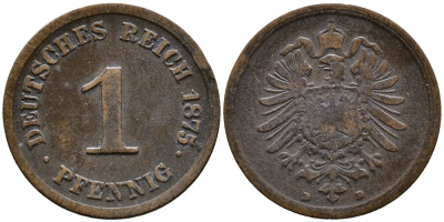 ГЕРМАНИЯ 1 ПФЕННИГ 1875 D, СТАРОГЕРБОВКА KM 1, J. 1 медь 4387-245