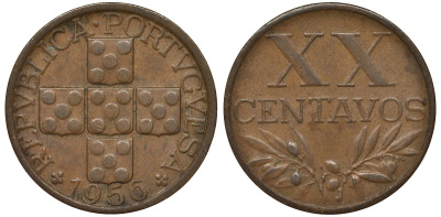 Португалия 20 сентаво 1956 KM 584 бронза 4164-366