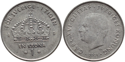 Швеция 1 крона 2001 Карл XVI Густав (1973- ) KM 894 медно-никель 4364-2652