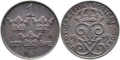 Швеция 1 эре 1949 Густав V (1907-1950) KM 810 железо 4387-546
