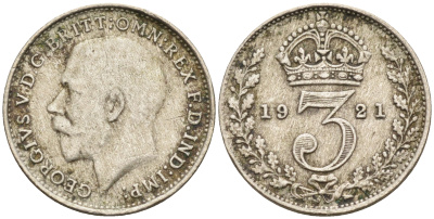 Великобритания 3 пенса 1921 Георг V (1910-1936) KM 813а, Spink 4026 серебро 4115-359