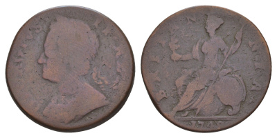 Великобритания 1/2 пенни 1740 Георг II (1727-1760) KM 579.2, Spink 3719 медь 4656-137