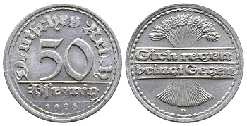 ГЕРМАНИЯ 50 ПФЕННИГОВ 1920 D KM 27, J. 301 алюминий 4380-557