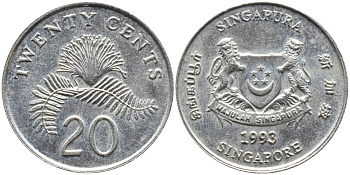 Сингапур 20 центов 1993 KM 101 медно-никель 4391-346