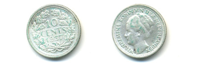 Нидерланды 10 центов 1937 Вильгельмина I (1890-1948) КМ 163 серебро 84-944