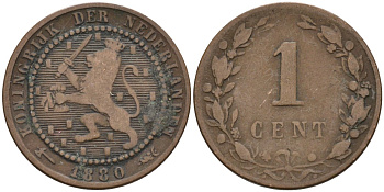 Нидерланды 1 цент 1880 Виллем III (1849-1890) KM 107 бронза 4576-551