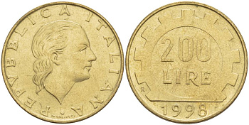 Италия 200 лир 1998 R, шестерня KM 105 алюминиевая бронза 4551-522