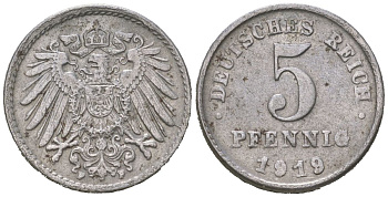 Германия 5 пфеннигов 1919 A, Вильгельм II (1888-1918) KM 19, J. 297 железо плакированная цинком 4615-739