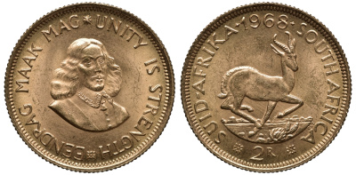 ЮАР 2 ранда 1968 KM 64 золото UNC 00-809-60