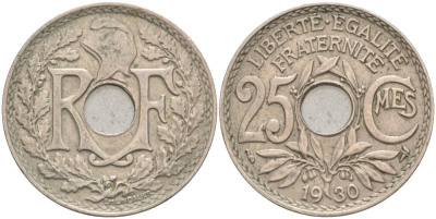 ФРАНЦИЯ 25 САНТИМОВ 1930 ТИП LINDAUER KM 867a, LE FRANC 171.14 медно-никель 55-153