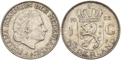 Нидерланды 1 гульден 1955 Юлиана (1948-1980) KM 184 серебро 4126-1144