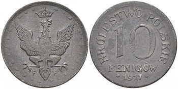 ПОЛЬША 10 ФЕНИГОВ 1917 FF, ПЕРВАЯ МИРОВАЯ ВОЙНА, НЕМЕЦКАЯ ОККУПАЦИЯ, ЛЕГЕНДА НЕ КАСАЕТСЯ КРАЯ KM 6 железо 68-253
