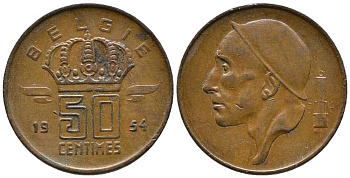 БЕЛЬГИЯ 50 САНТИМОВ 1954 BELGIE KM 145 бронза 39-1251