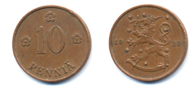 Финляндия 10 пенни 1928 республика (1918-1962) KM 24 медь 46-1624