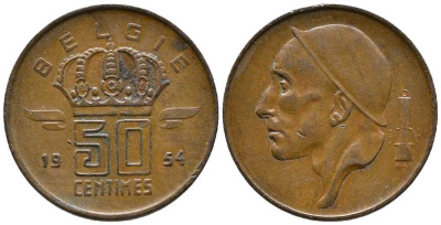 БЕЛЬГИЯ 50 САНТИМОВ 1954 BELGIE KM 145 бронза 39-1251