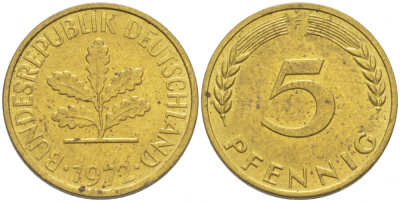 ФРГ 5 ПФЕННИГОВ 1972 F KM 107, J.382 сталь плакированная латунью 3955-612