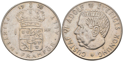 Швеция 1 крона 1973 U, Густав VI Адольф (1950-1973) KM 826a медь плакированный медно-никелем 4150-351