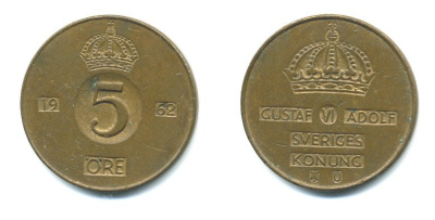 Швеция 5 эре 1962 Густав VI Адольф (1950-1973) KM 822 бронза 23-126
