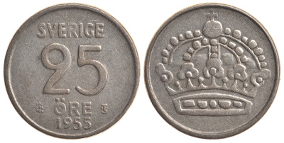 Швеция 25 эре 1955 TS, Густав VI Адольф (1950-1973) KM 824 серебро 4179-912