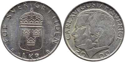 Швеция 1 крона 2000 Карл XVI Густав (1973- ) KM 852а медно-никель 4364-2044