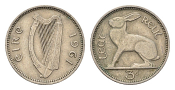 Ирландия 3 пенса 1961 заяц KM 12a медно-никель 4690-319