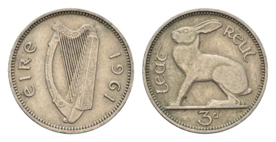 Ирландия 3 пенса 1961 заяц KM 12a медно-никель 4690-319
