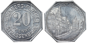 Германия, Нюрнберг - Фюрт 20 пфеннигов ND трамвайный жетон, сберегательная касса алюминий UNC 4119-626