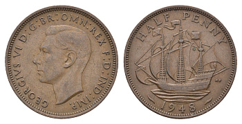 Великобритания 1/2 пенни 1948 Георг VI (1936-1952) KM 844, Spink 4115 бронза    4660-625