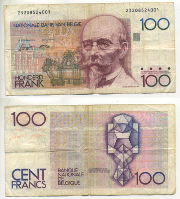 БЕЛЬГИЯ 100 ФРАНКОВ 1982 - 1994 Pick 142 бумага 6299-18-2-2