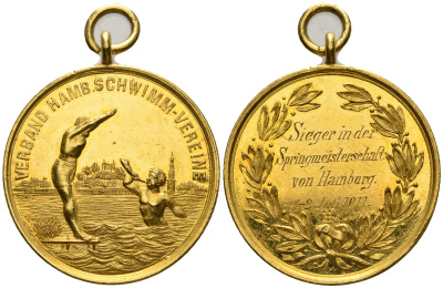 Гамбург медаль 1911 победителю весеннего чемпионата по плаванию, 27,55 мм, 11,39 гр золото 10-009-27