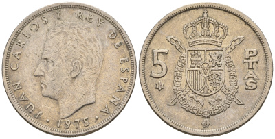 Испания 5 песет 1975 (78) Хуан Карлос I (1975-2014) KM 807 медно-никель 259-216