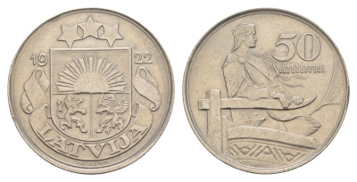 Латвия 50 сантимов 1922 год-тип KM 6 никель aUNC 4657-737