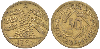 Германия 50 рентенпфеннигов 1924 A J. 310, KM 34 алюминиевая бронза 4118-114