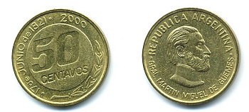 Аргентина 50 сентаво 2000 179 лет со дня смерти генерала Мартина Мигела де Гемеса KM 129 алюминиевая бронза  UNC   36-311