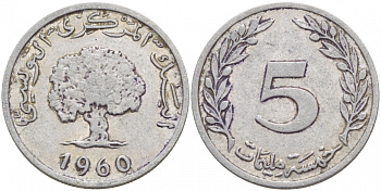 ТУНИС 5 МИЛЛИМОВ 1960 ДЕРЕВО KM 282 алюминий 51-224