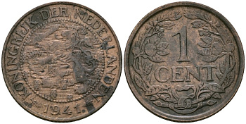 Нидерланды 1 цент 1941 Вильгельмина (1890-1948) KM 152 бронза 4576-1154