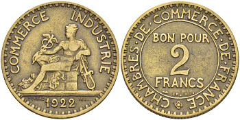 Франция 2 франка 1922 тип Chambres de Commerce KM 877, LE FRANC 267.4 алюминиевая бронза 180-514