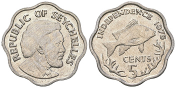 Сейшельские острова 5 центов 1976 Декларация независимости, Джеймс Мэнчем, рыба KM 22 алюминий UNC 4615-1062