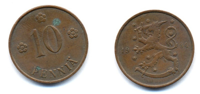 Финляндия 10 пенни 1934 республика (1918-1962) KM 24 медь 51-5432