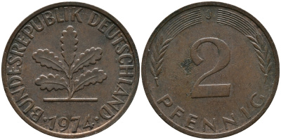 ФРГ 2 пфеннига 1974 J KM 106а, J.381а сталь плакированная медью 99-222