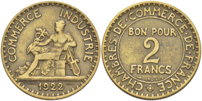 Франция 2 франка 1922 тип Chambres de Commerce KM 877, LE FRANC 267.4 алюминиевая бронза 180-514