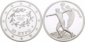 Греция 10 евро 2003 XXVIII летние Олимпийские игры 2004 года в Афинах, метание диска, дискобол KM 191 серебро PROOF 00-00